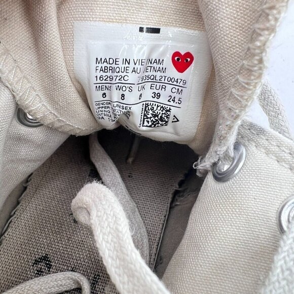 Converse Comme des Garçons Play x Chuck 70 Hi Women Size 8 White Red Shoes - Picture 13 of 14